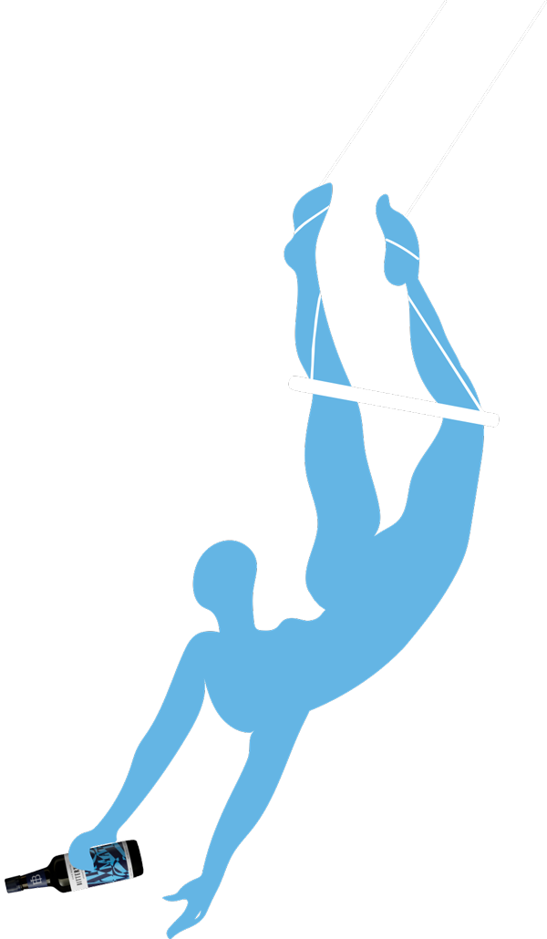 Illustration of a person swinging in on a trapeze to pour a dash of bitters into a cocktail